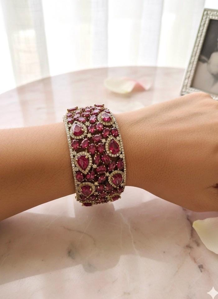 MYRA Ruby red bracelet in antique golden polish,cz zircon openable  bracelet,American diamond red bangle bracelet