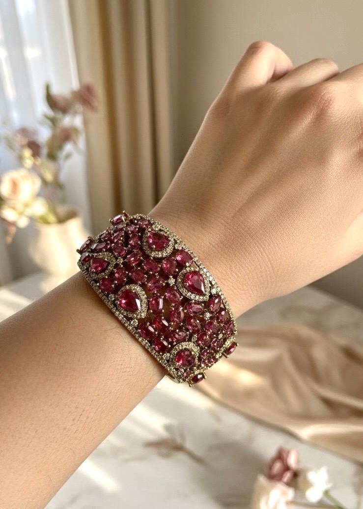 MYRA Ruby red bracelet in antique golden polish,cz zircon openable  bracelet,American diamond red bangle bracelet