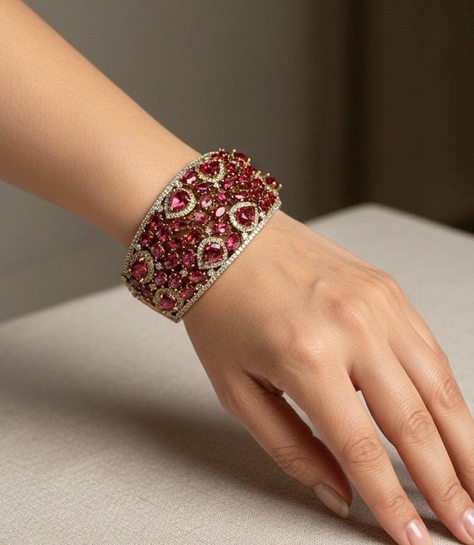 MYRA Ruby red bracelet in antique golden polish,cz zircon openable  bracelet,American diamond red bangle bracelet