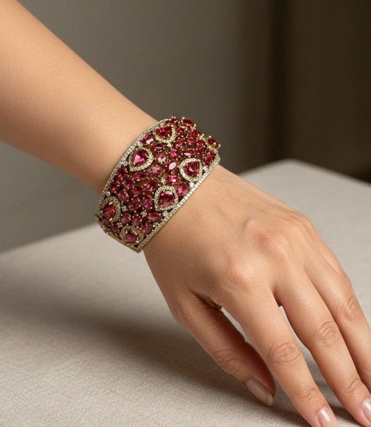 MYRA Ruby red bracelet in antique golden polish,cz zircon openable  bracelet,American diamond red bangle bracelet