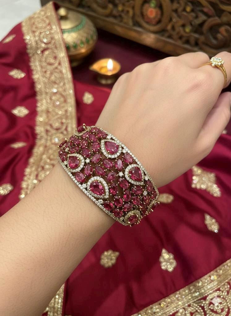 MYRA Ruby red bracelet in antique golden polish,cz zircon openable  bracelet,American diamond red bangle bracelet