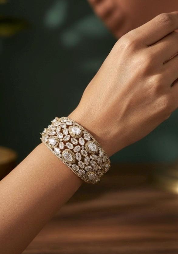 MYRA clear stones bracelet in antique golden polish,cz zircon openable  bracelet,American diamond colourless bangle bracelet