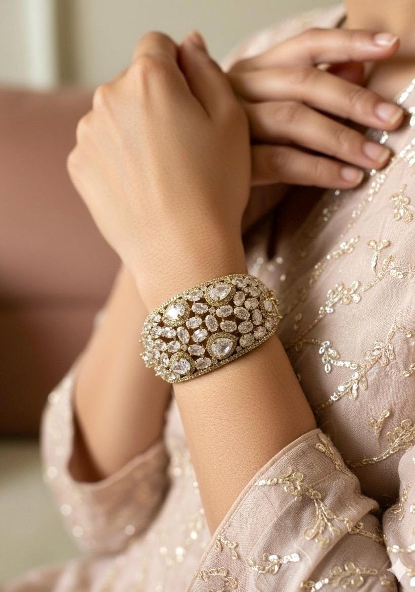 MYRA clear stones bracelet in antique golden polish,cz zircon openable  bracelet,American diamond colourless bangle bracelet
