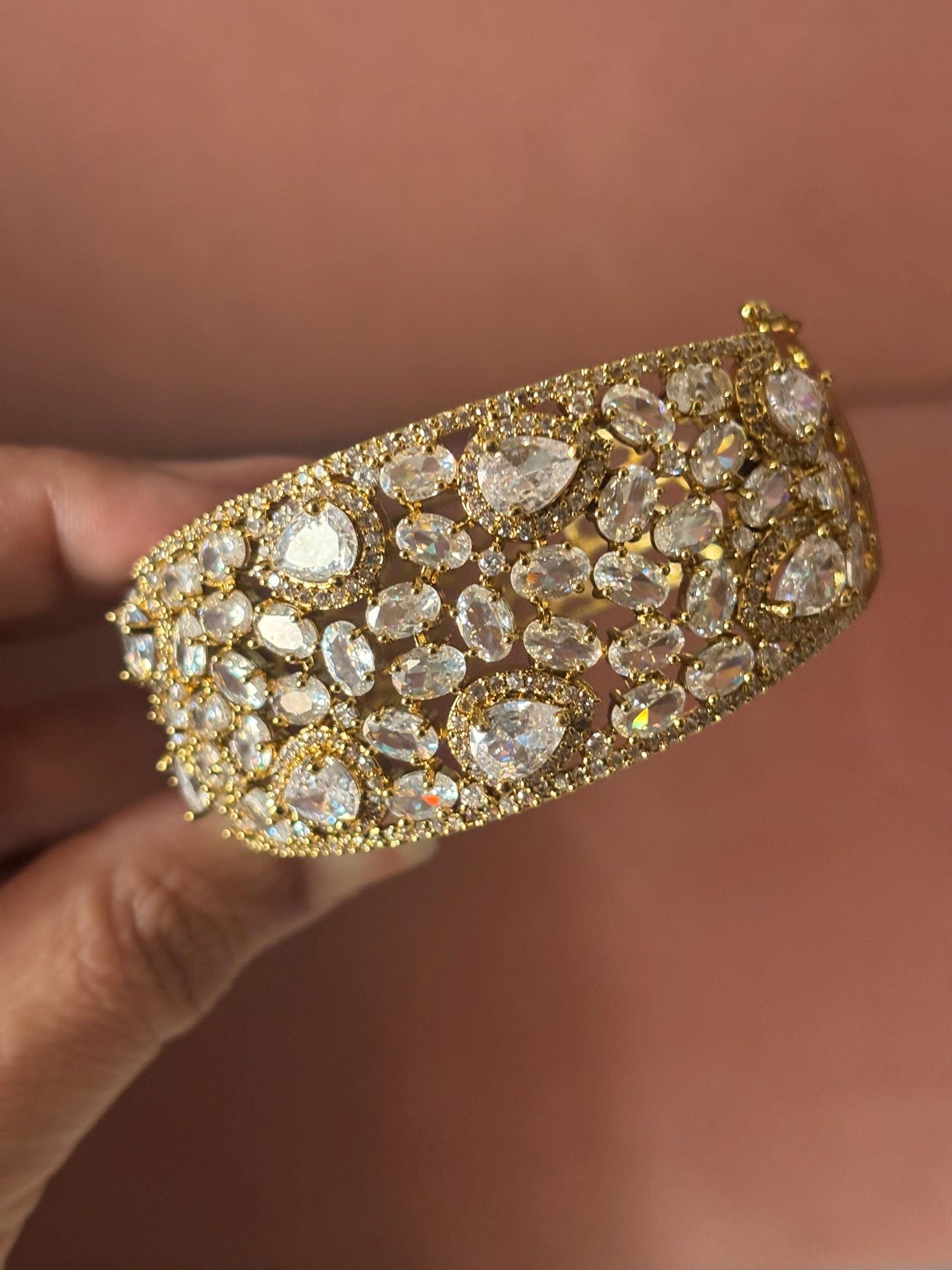 MYRA clear stones bracelet in antique golden polish,cz zircon openable  bracelet,American diamond colourless bangle bracelet