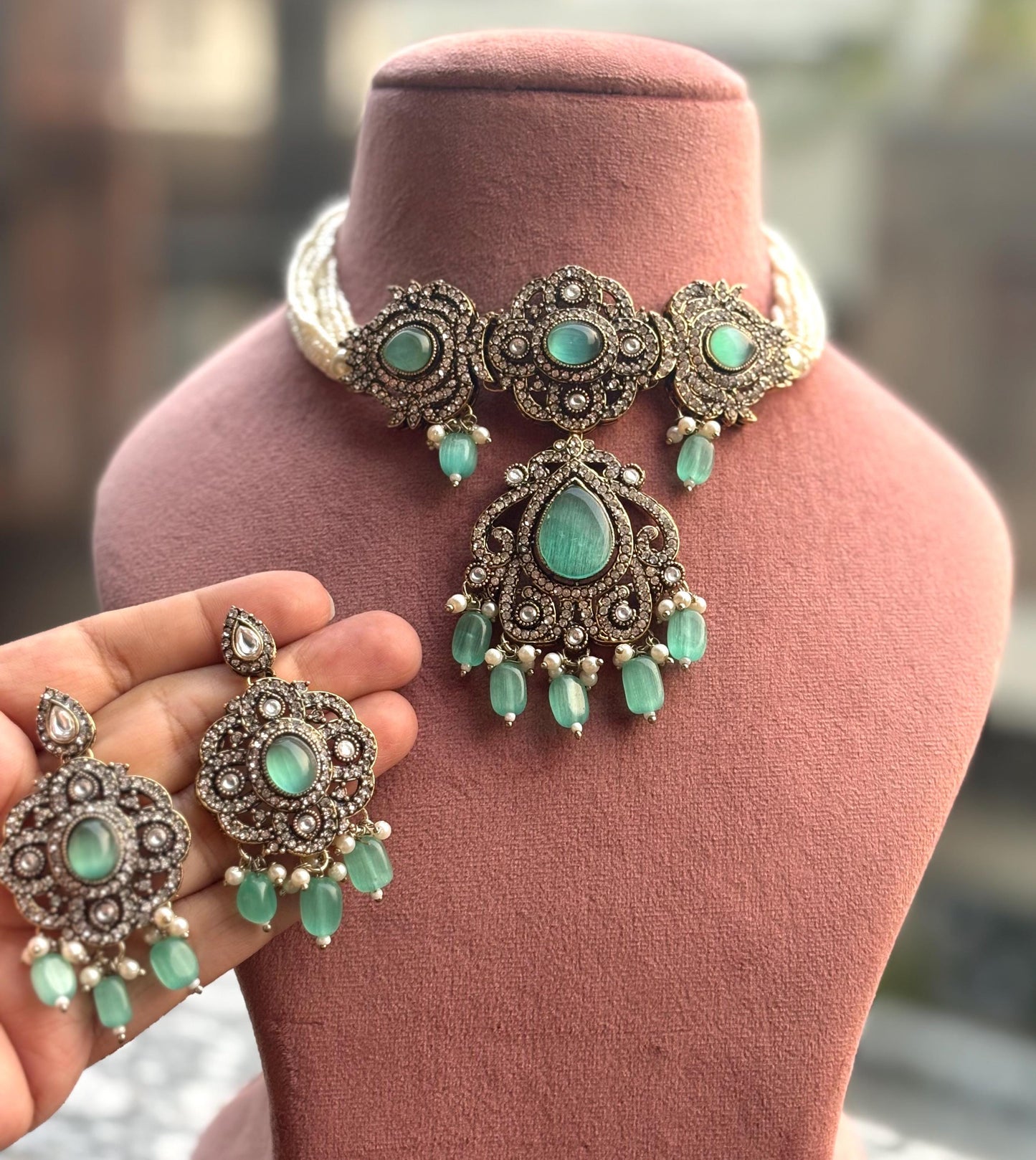 SUMAIRA mint  kundan cz choker necklace earrings,indian wedding jewelry pakistani nikaah jewelry,mint colour bridal choker set