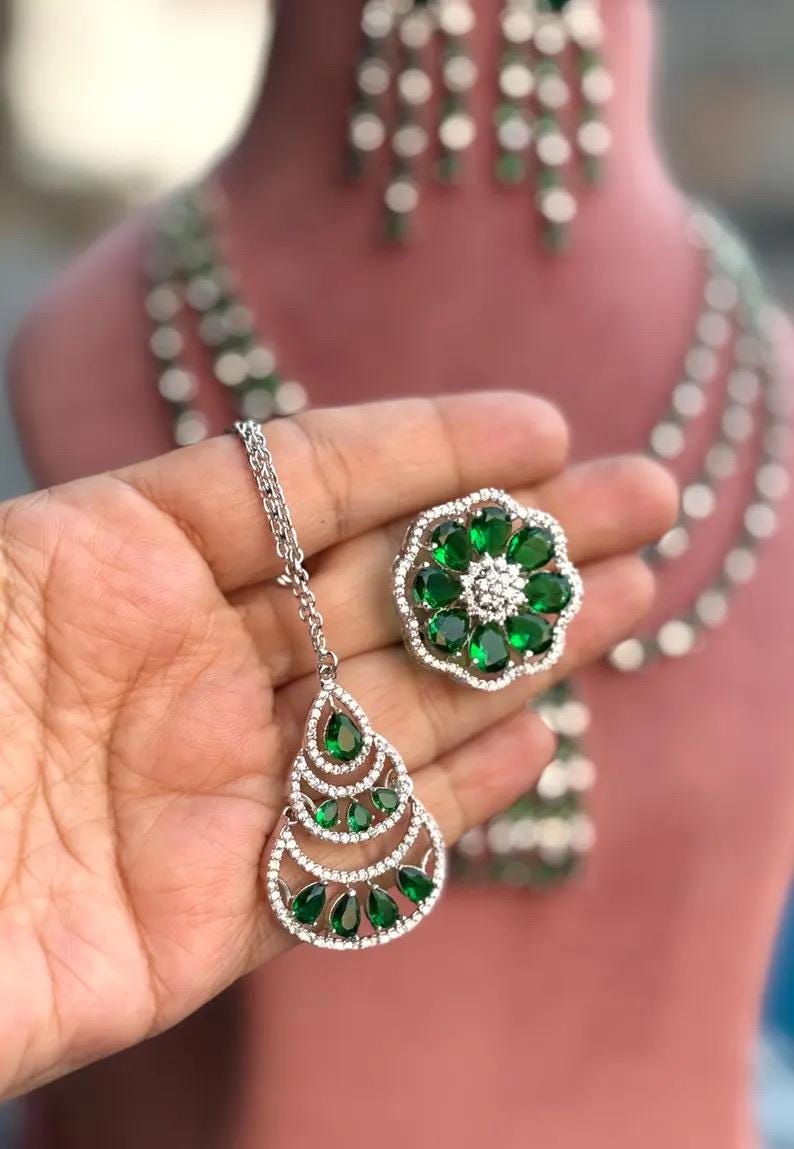 REHA 4 piece green necklace earrings ring maangtika  in American Diamond  cz zircon jewelry,prom,gala dinner green colour jewellery set