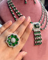 REHA 4 piece green necklace earrings ring maangtika  in American Diamond  cz zircon jewelry,prom,gala dinner green colour jewellery set