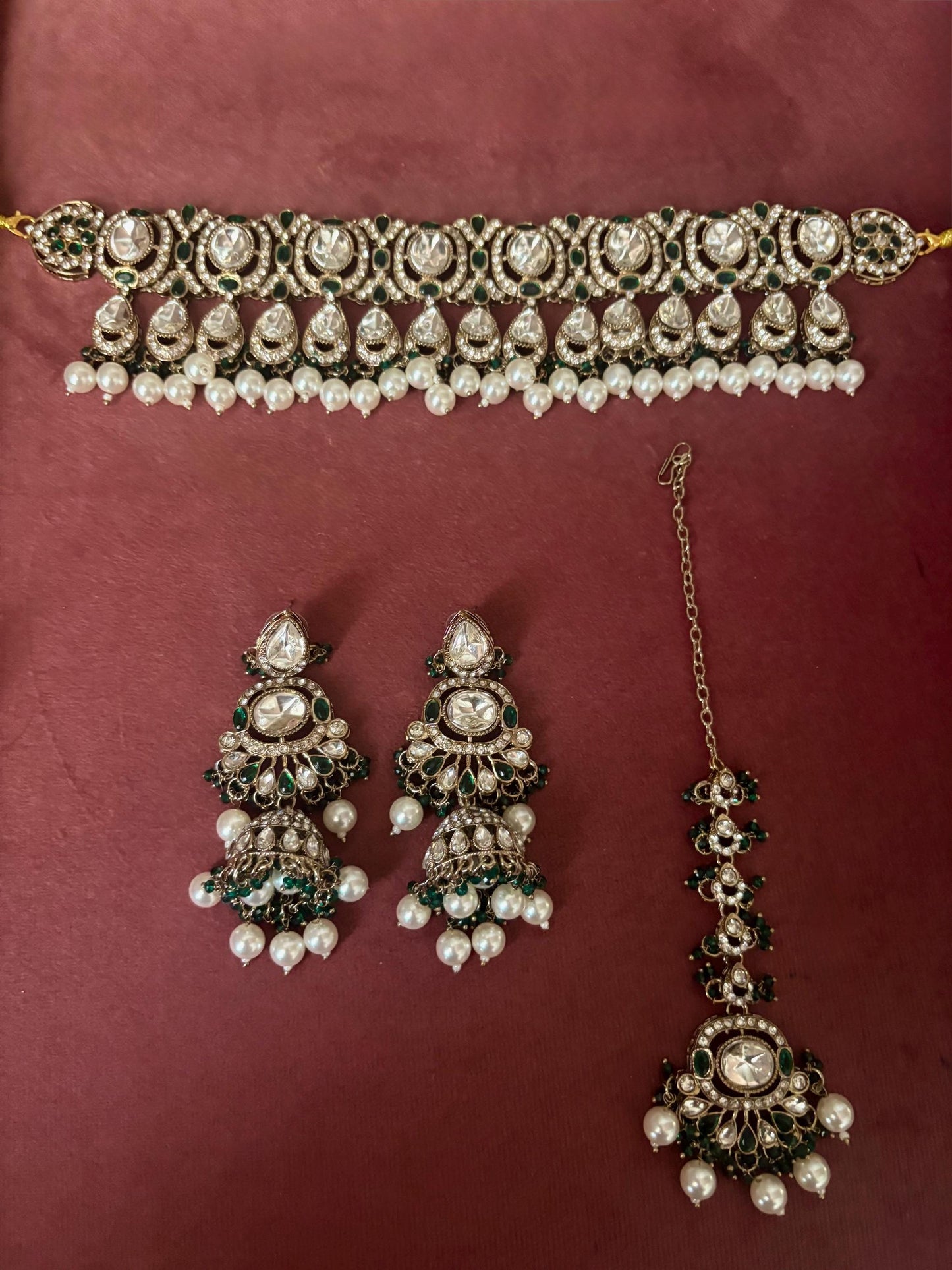 MISHAAL Green cz kundan and zircon necklace set lined with pearls in muted golden polish, Indian bridal victorian style white pearl jewelry