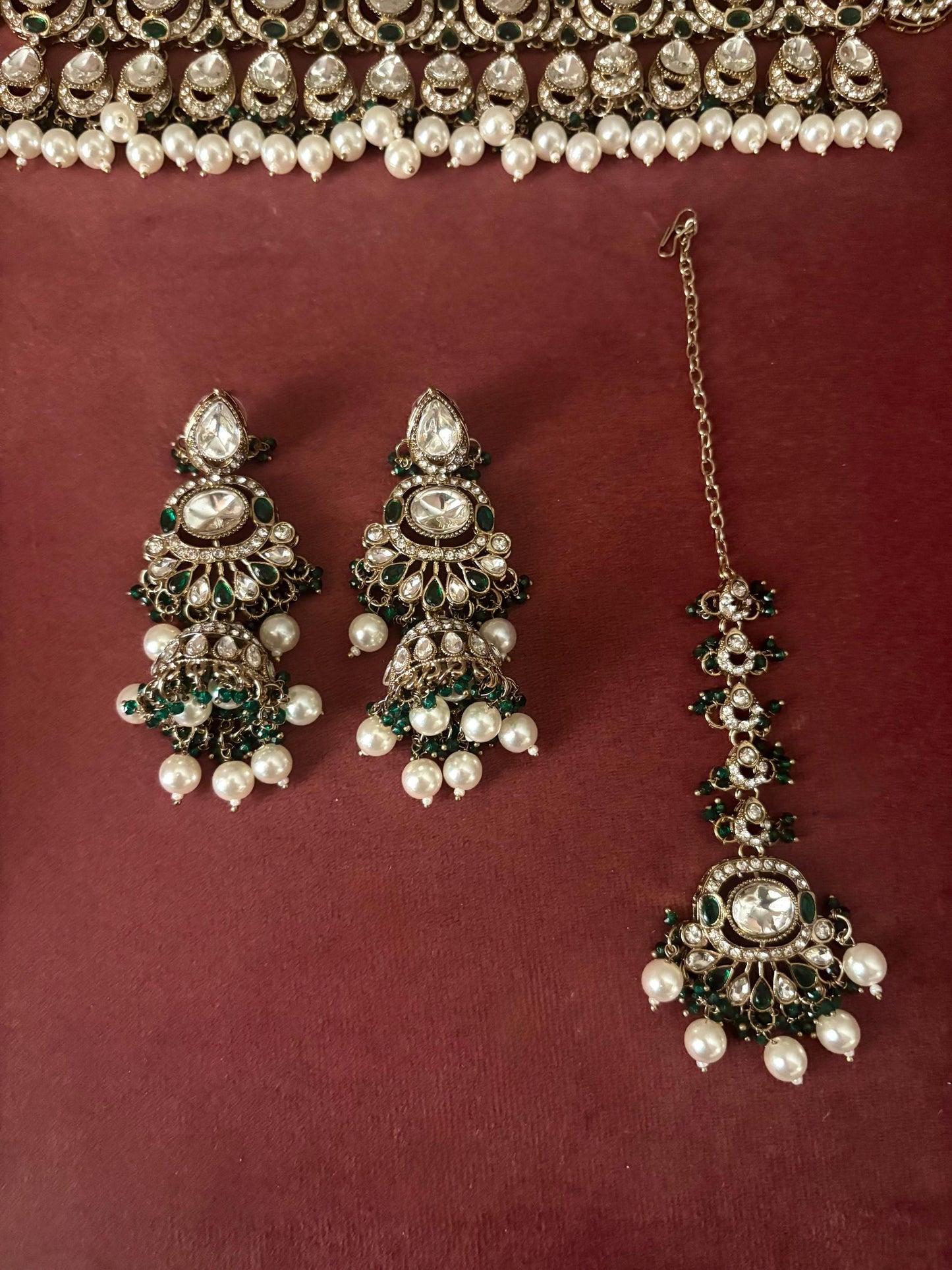 MISHAAL Green cz kundan and zircon necklace set lined with pearls in muted golden polish, Indian bridal victorian style white pearl jewelry