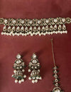 MISHAAL Green cz kundan and zircon necklace set lined with pearls in muted golden polish, Indian bridal victorian style white pearl jewelry