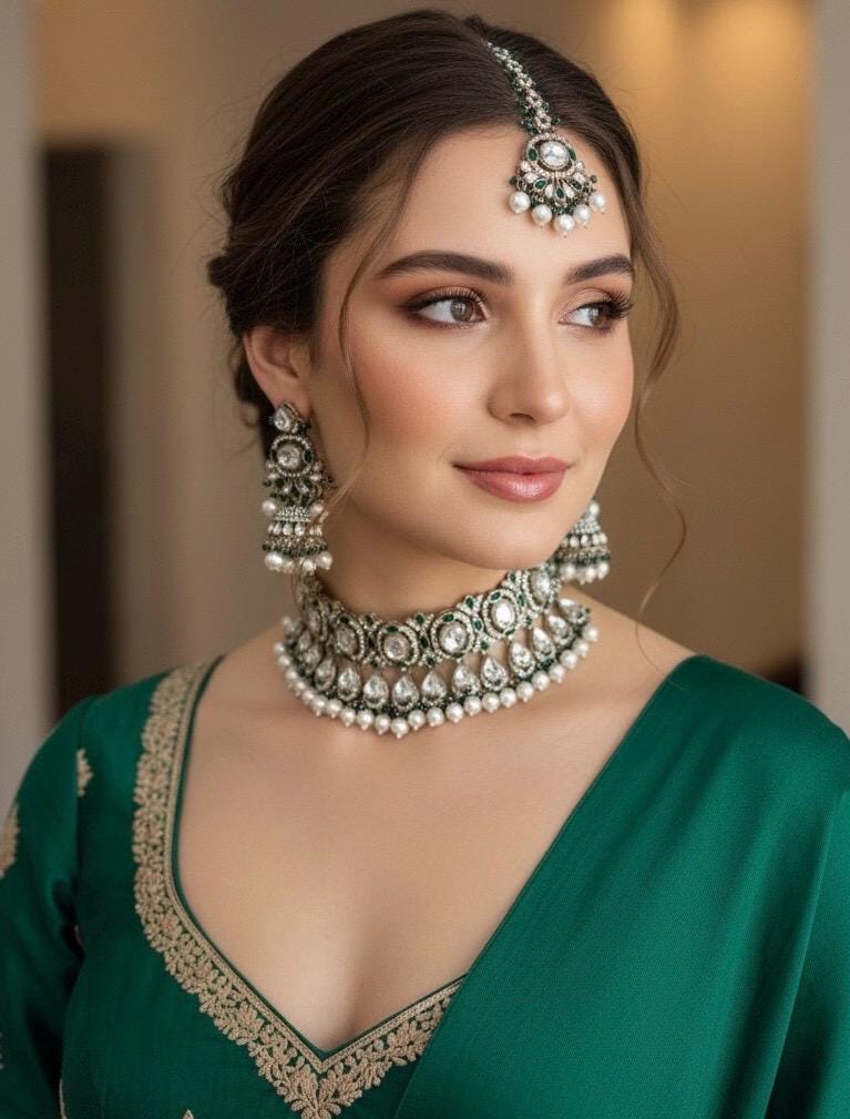 MISHAAL Green cz kundan and zircon necklace set lined with pearls in muted golden polish, Indian bridal victorian style white pearl jewelry