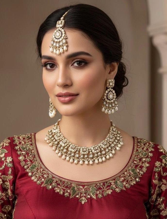 ZIYANA Ivory white necklace set in high quality kundan,Indian Pakistani wedding bridal jewellery, Maangtika included