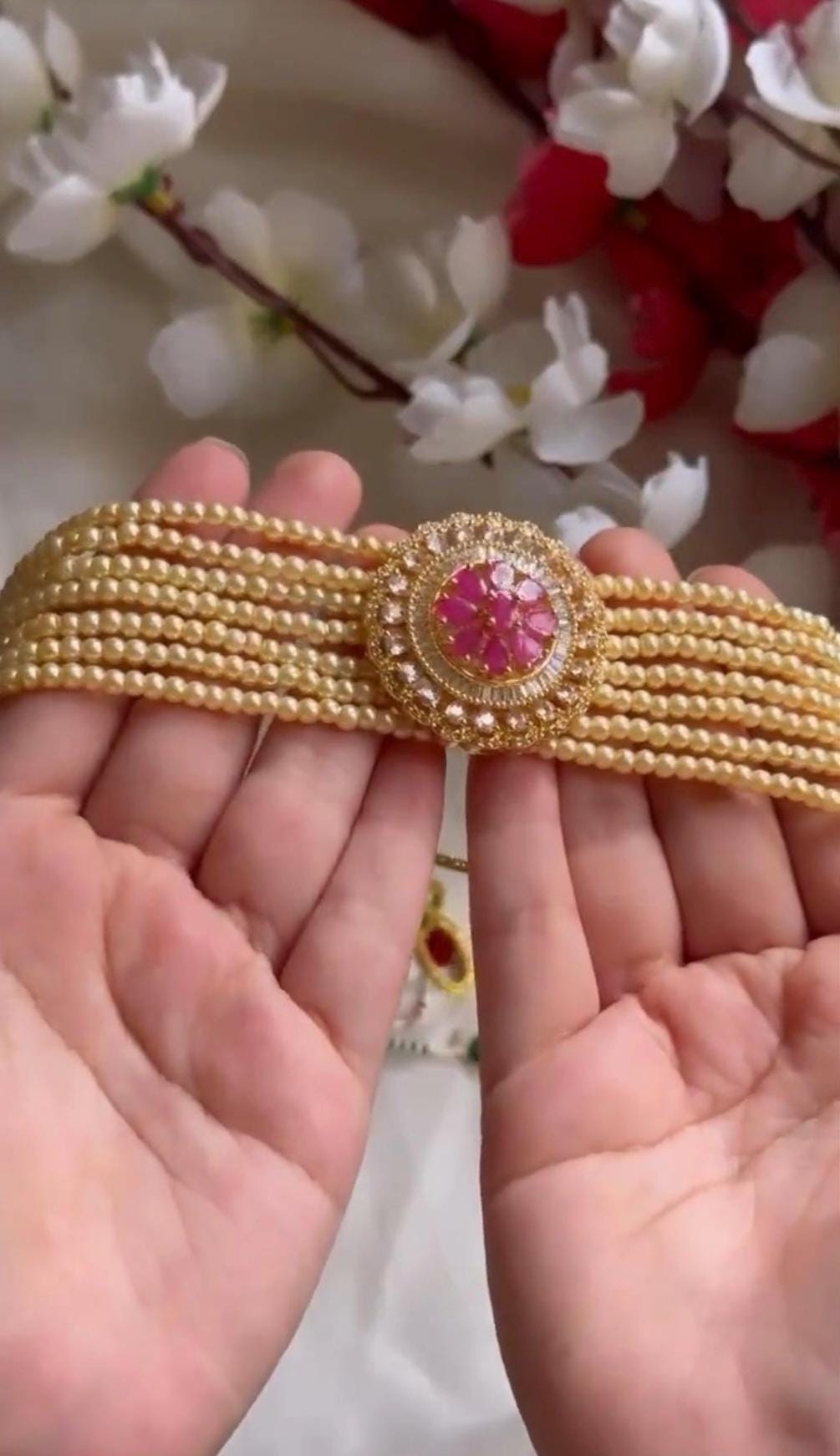 ADYA Ruby colour Kundan choker with studs earrings , indian wedding jewellery, punjabi pakistani jewelry, pearl choker set