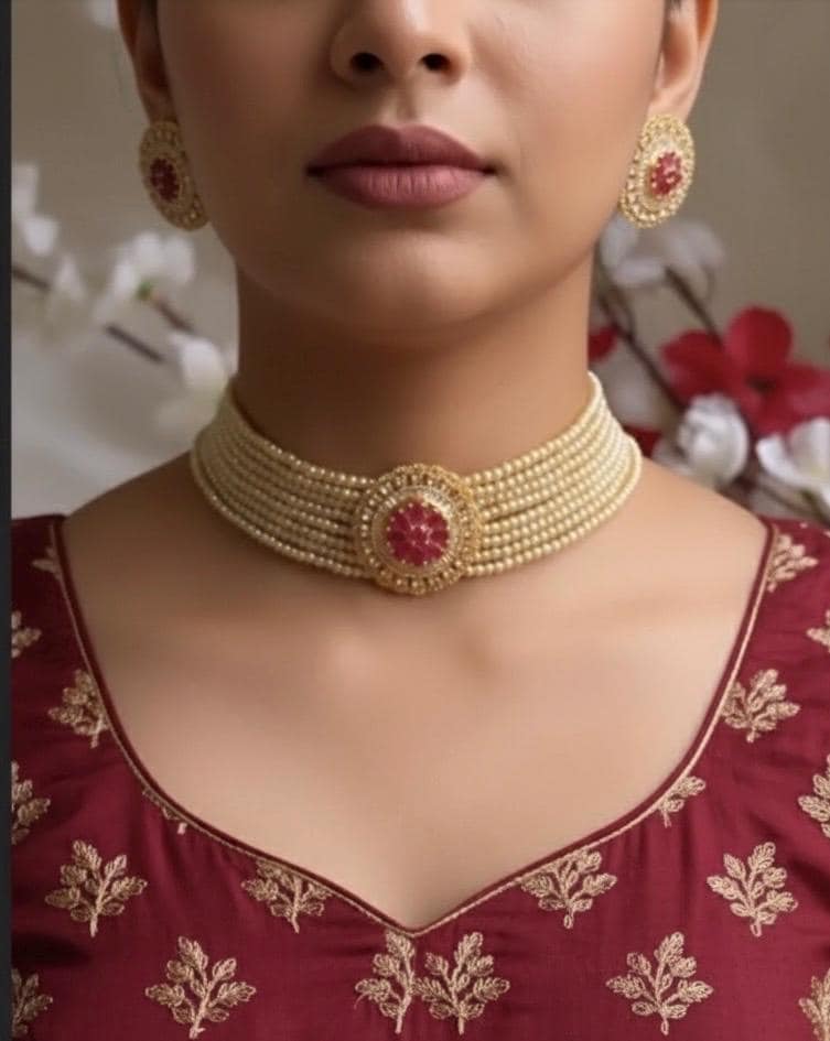 ADYA Ruby colour Kundan choker with studs earrings , indian wedding jewellery, punjabi pakistani jewelry, pearl choker set