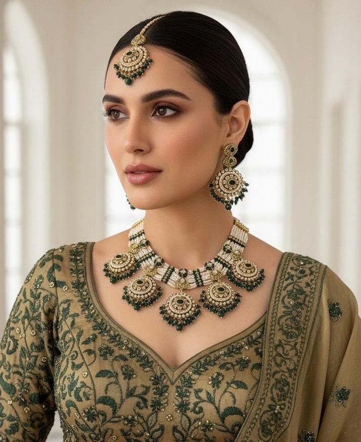RUHANA dark green golden colour kundan and pearls necklace set with maangtika,rajwada jewelry Indian Pakistani wedding bridal jewelry