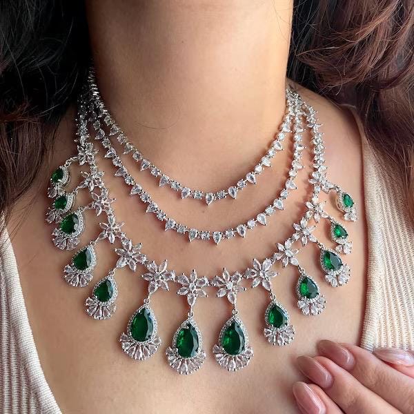 FREYA multilayered Green cz jewelry American Diamond High Quality necklace Choker set bridal wedding jewelry, Emerald green choker necklace