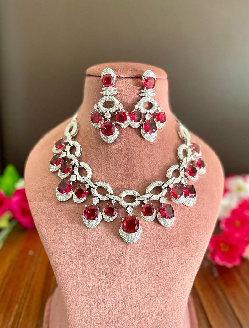 REET Red cz necklace and earrings, Statement American Diamond jewelry, Indian Jewelry Pakistani Wedding jewellery silver Zircon