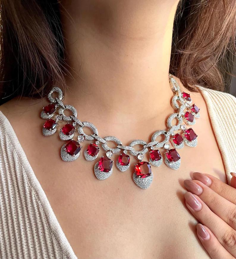 REET Red cz necklace and earrings, Statement American Diamond jewelry, Indian Jewelry Pakistani Wedding jewellery silver Zircon