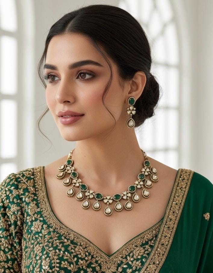 MAHIKA Premium quality Moissanite and kundan Necklace set in emerald green colour ,indian bridal jewelry