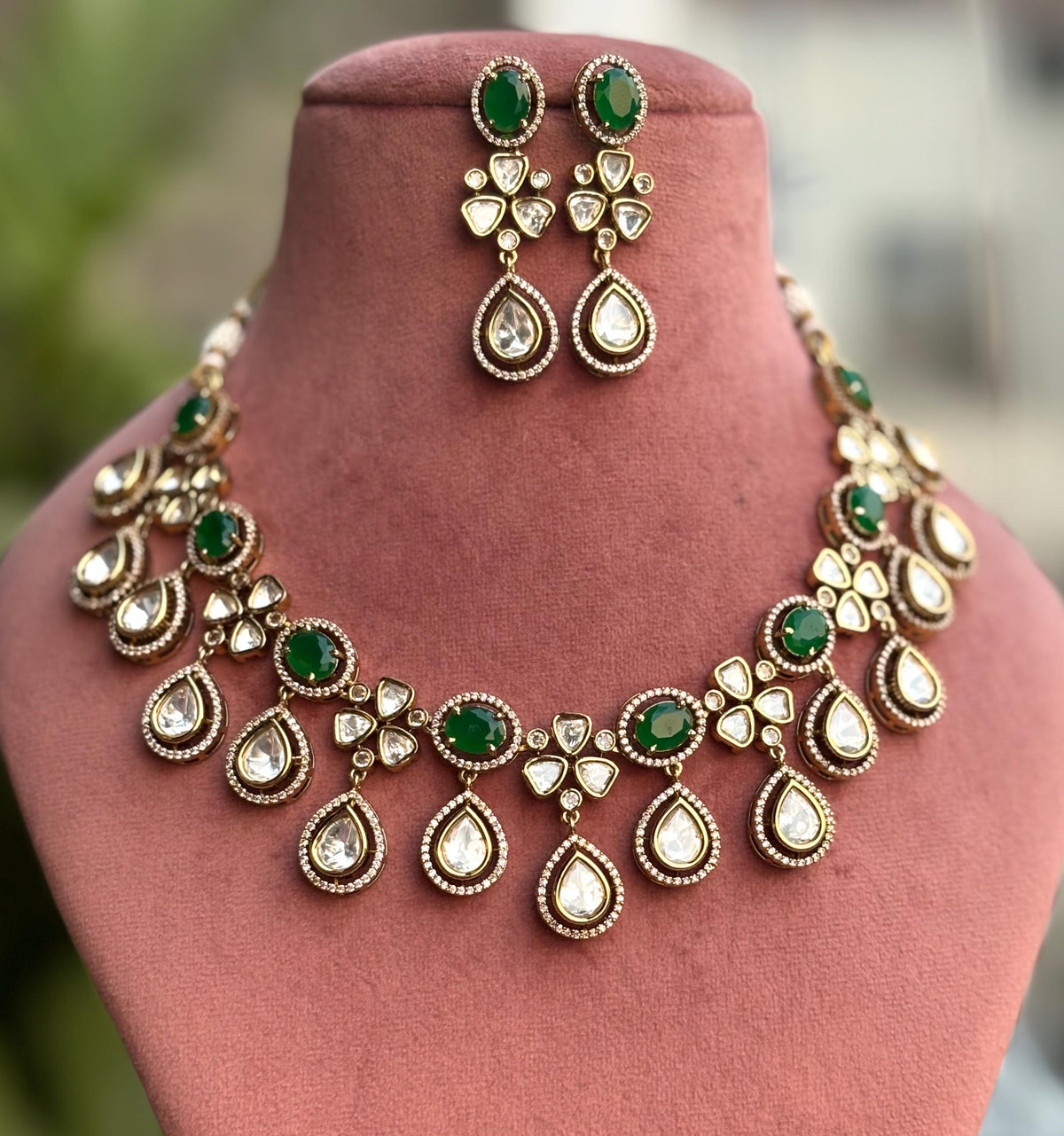 MAHIKA Premium quality Moissanite and kundan Necklace set in emerald green colour ,indian bridal jewelry
