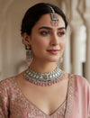 MASHA Pink kundan choker necklace earrings and maangtika,indian wedding jewelry pakistani nikaah jewelry, light pink colour bridal jewelry