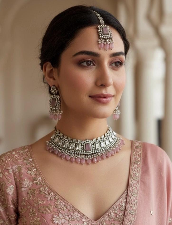 MASHA Pink kundan choker necklace earrings and maangtika,indian wedding jewelry pakistani nikaah jewelry, light pink colour bridal jewelry