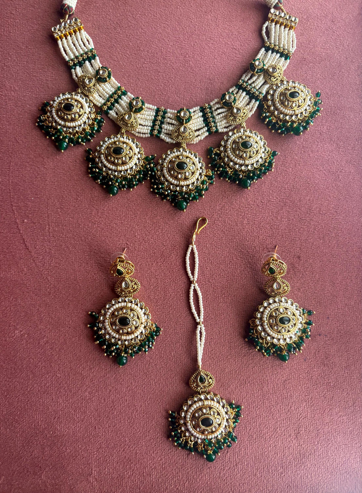 RUHANA dark green golden colour kundan and pearls necklace set with maangtika,rajwada jewelry Indian Pakistani wedding bridal jewelry