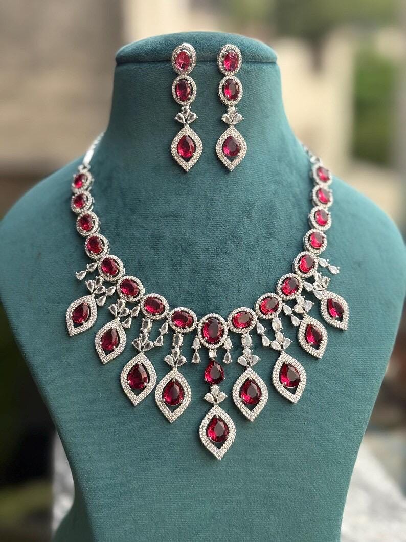 MANYA red colour stylish necklace Set in American Diamond Classy high quality cz zircon jewelry, prom,gala dinner bridal jewellery
