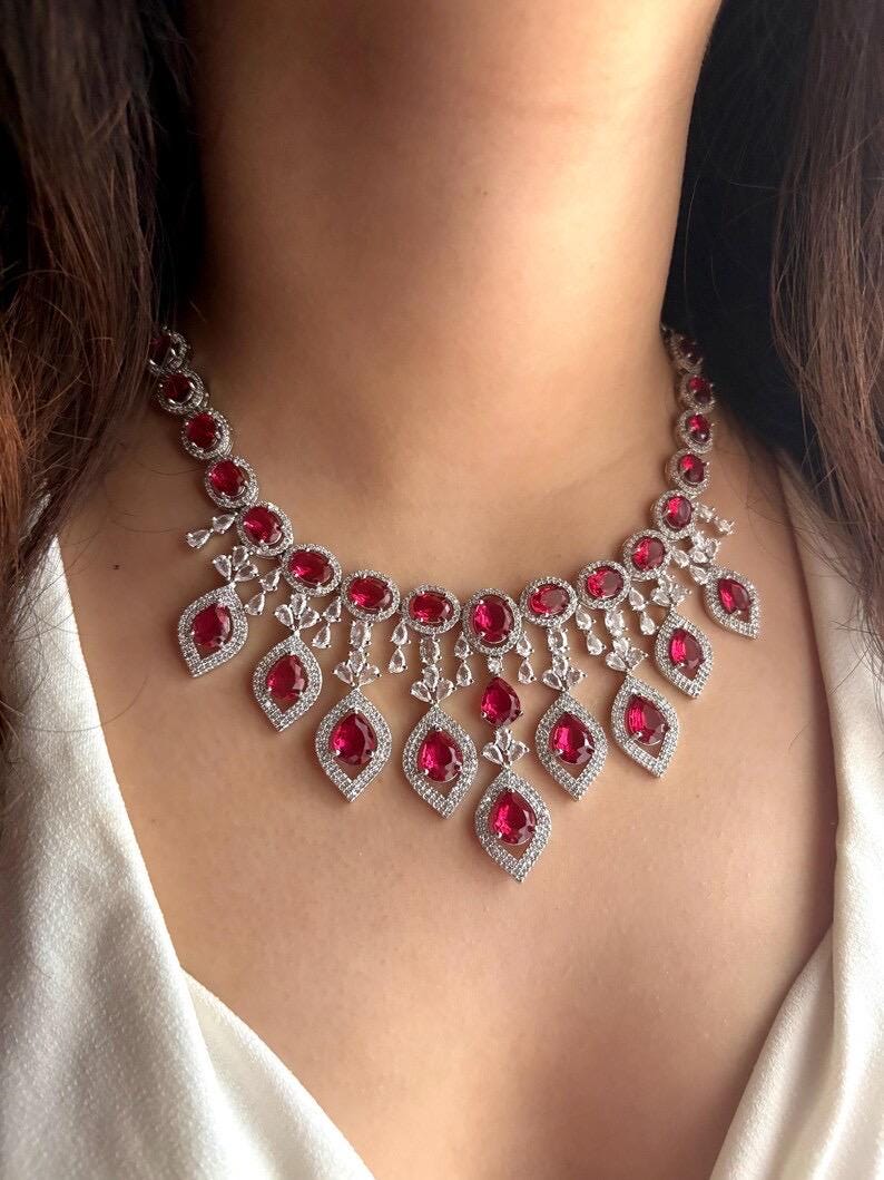 MANYA red colour stylish necklace Set in American Diamond Classy high quality cz zircon jewelry, prom,gala dinner bridal jewellery