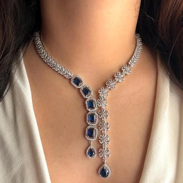 EVA Sapphire blue necklace earrings in American Diamond Classy  cz zircon jewelry,prom,gala dinner blue colour jewellery set