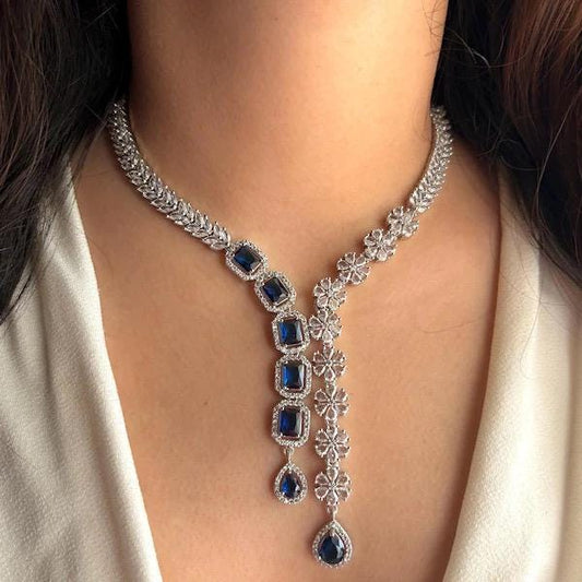 EVA Sapphire blue necklace earrings in American Diamond Classy  cz zircon jewelry,prom,gala dinner blue colour jewellery set