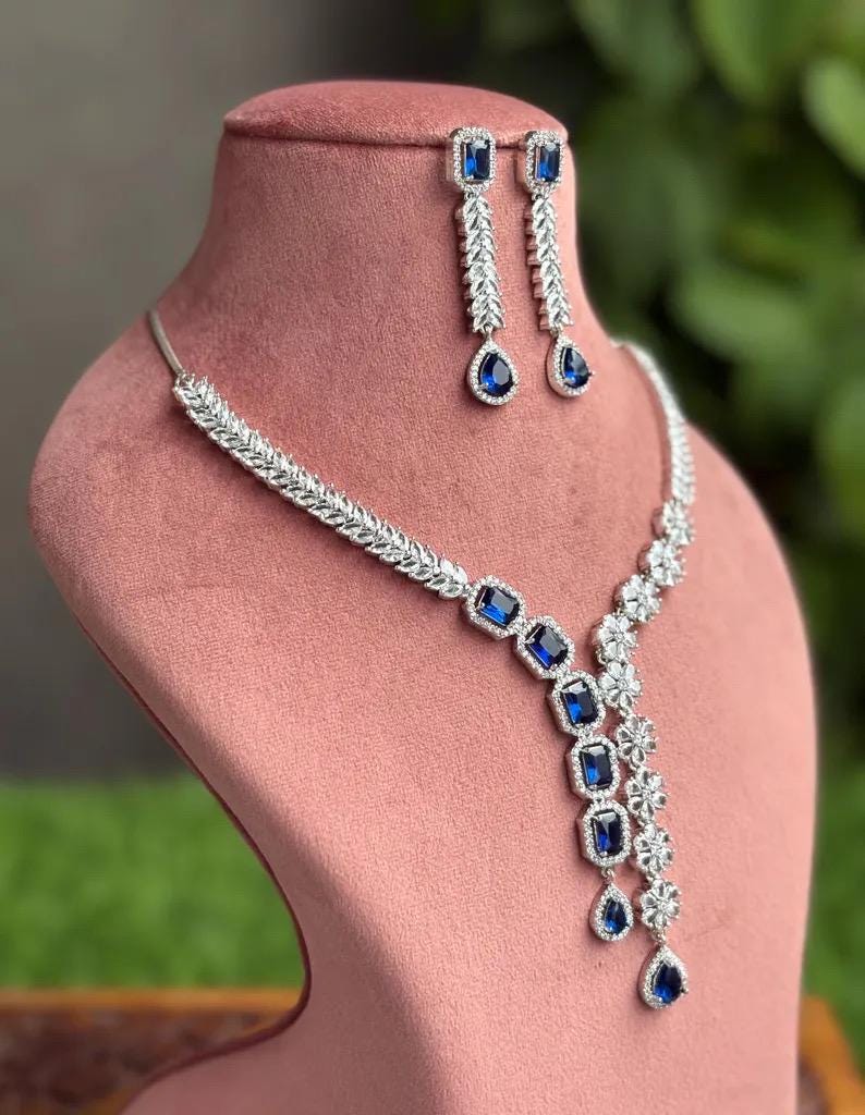 EVA Sapphire blue necklace earrings in American Diamond Classy  cz zircon jewelry,prom,gala dinner blue colour jewellery set
