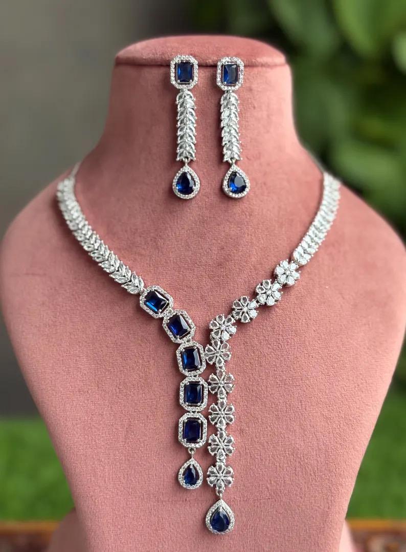 EVA Sapphire blue necklace earrings in American Diamond Classy  cz zircon jewelry,prom,gala dinner blue colour jewellery set