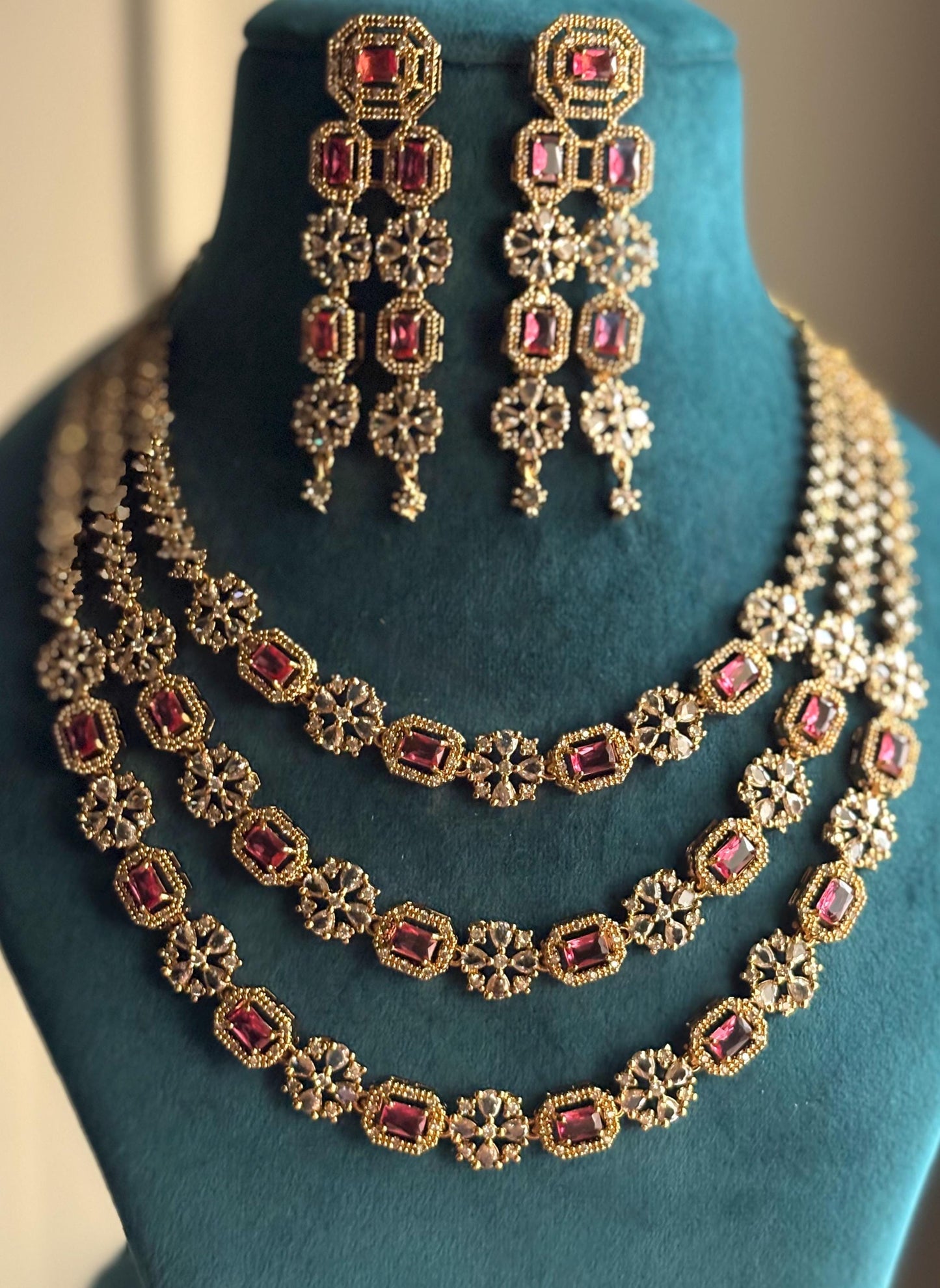 BARIKA three layered red kundan and zircon sleek necklace set in mehndi golden polish,Indian victorian style jewelry