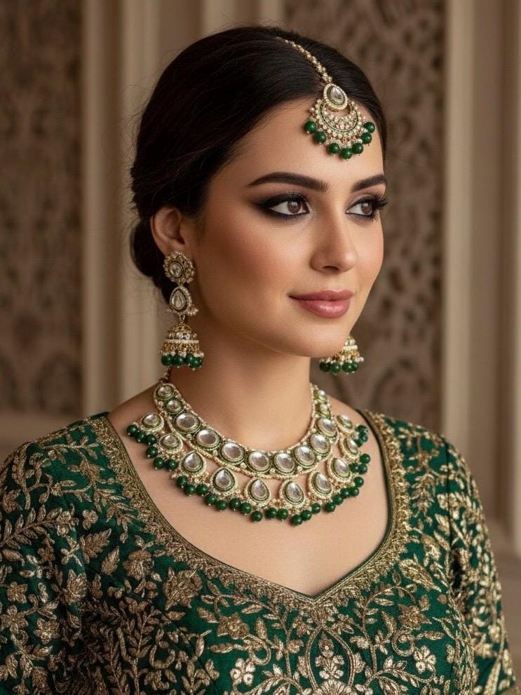 ISHANI Green Kundan necklace earrings maangtika,Punjabi Jewellery, Indian Kundan Bridal Necklace Set, cz zircon,Pakistani nikaah Jewelry