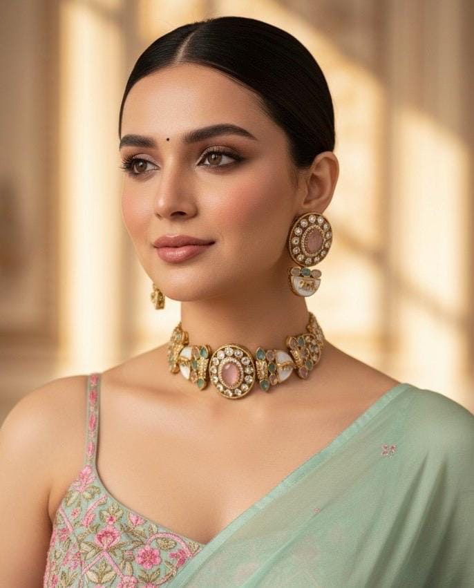 NIYA Sabyasachi inspired pink mint kundan choker with Earrings, Indian Pakistani traditional wedding jewelry, pink mint colour necklace set