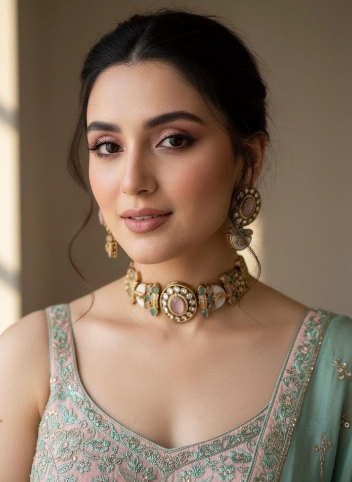 NIYA Sabyasachi inspired pink mint kundan choker with Earrings, Indian Pakistani traditional wedding jewelry, pink mint colour necklace set