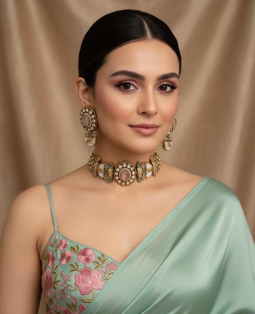 NIYA Sabyasachi inspired pink mint kundan choker with Earrings, Indian Pakistani traditional wedding jewelry, pink mint colour necklace set