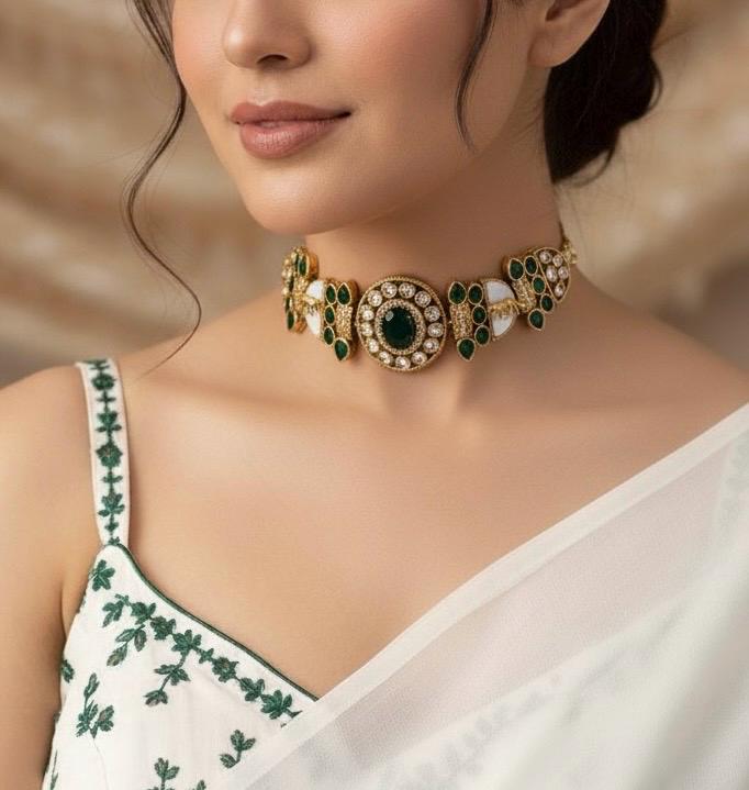 NIYA Sabyasachi inspired green kundan choker with Earrings, Indian Pakistani traditional wedding jewelry, green colour necklace set