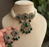 SUMAIRA Green kundan cz choker necklace earrings,indian wedding jewelry pakistani nikaah jewelry,dark green colour bridal jewelry