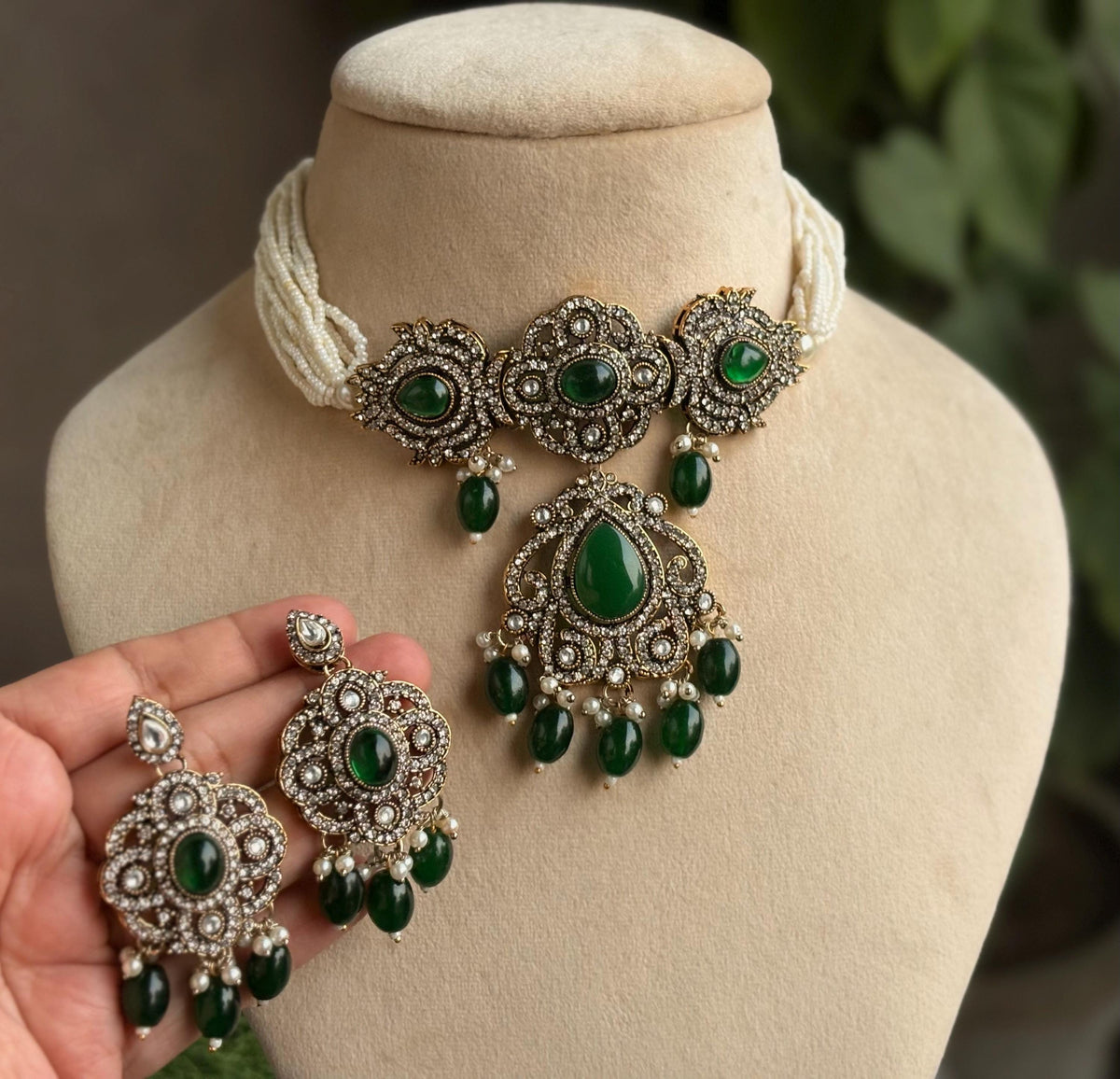SUMAIRA Green kundan cz choker necklace earrings,indian wedding jewelry pakistani nikaah jewelry,dark green colour bridal jewelry
