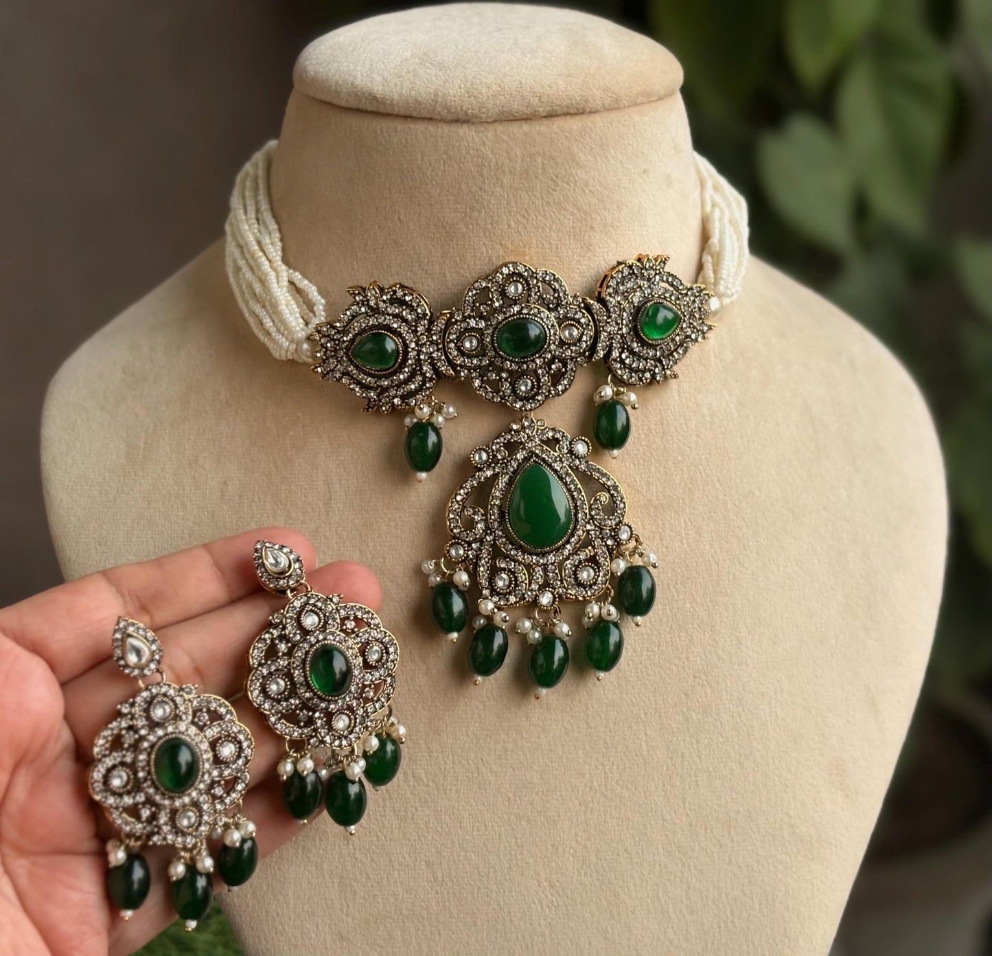 SUMAIRA Green kundan cz choker necklace earrings,indian wedding jewelry pakistani nikaah jewelry,dark green colour bridal jewelry