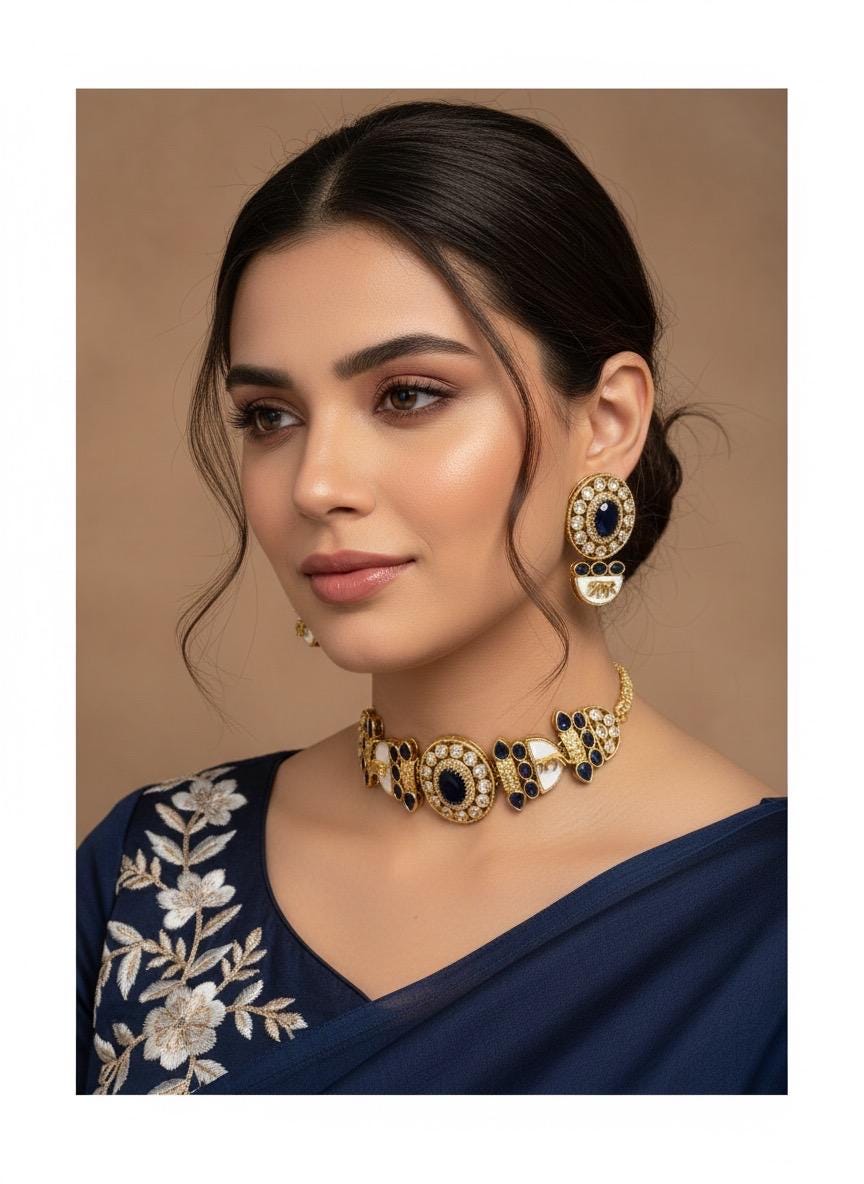 NIYA Sabyasachi inspired navy blue kundan choker with Earrings, Indian Pakistani traditional wedding jewelry, royal blue colour necklace set