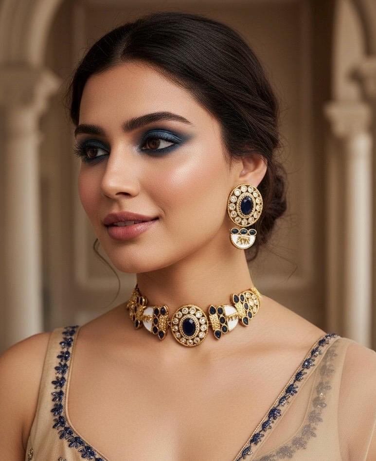 NIYA Sabyasachi inspired navy blue kundan choker with Earrings, Indian Pakistani traditional wedding jewelry, royal blue colour necklace set