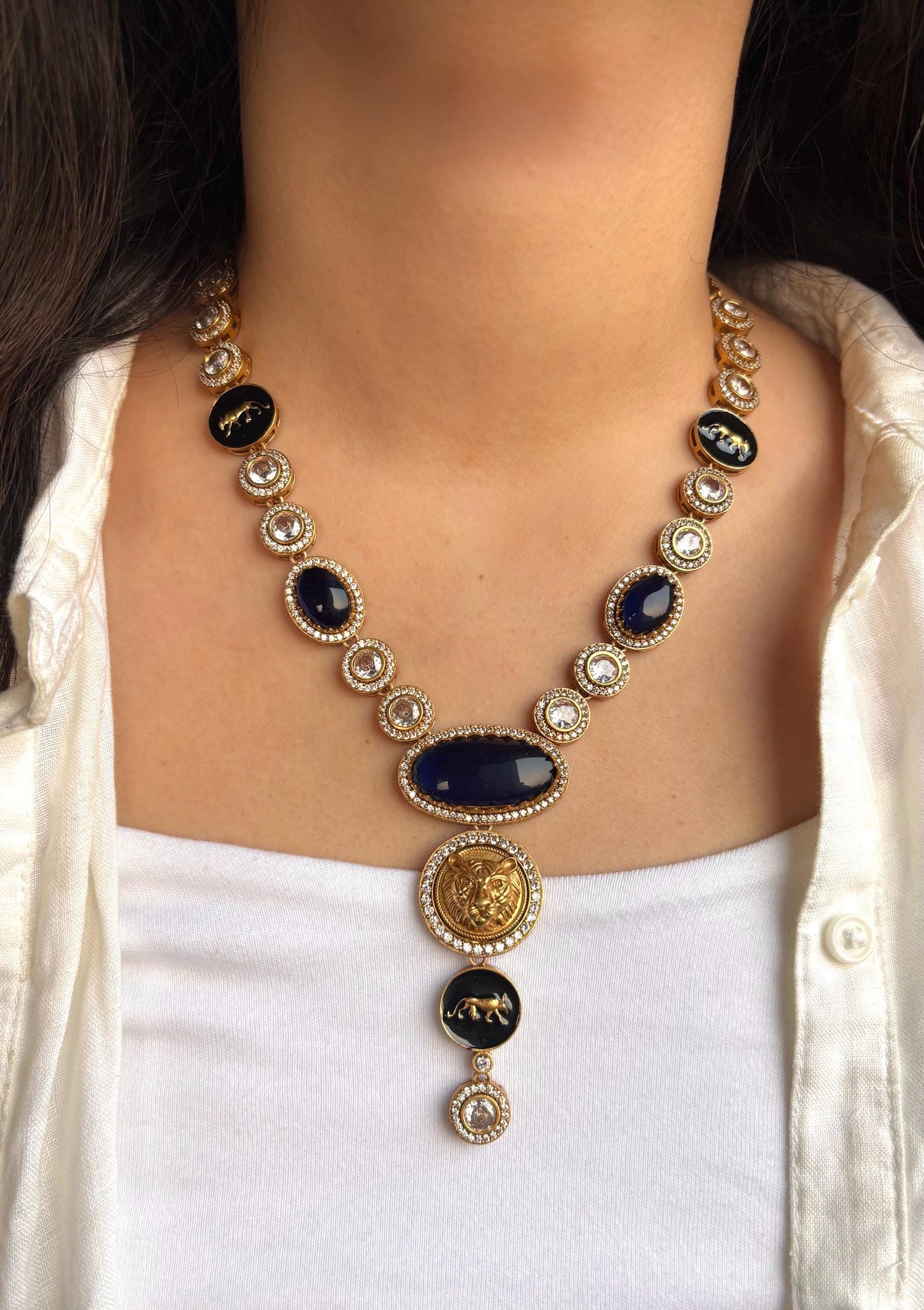 URVI Sabyasachi inspired Dark blue Victorian style kundan necklace set,Indian Bridal jewelry, cz kundan Victorian golden polish