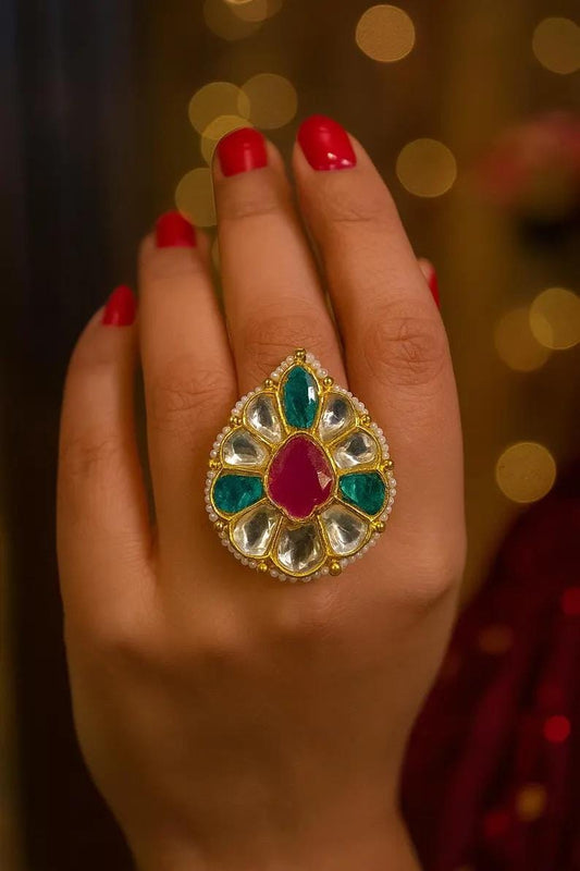 RYMA Ruby green adjustable kundan ring , Indian ethnic high quality ring, Indian Pakistani bridal jewelry