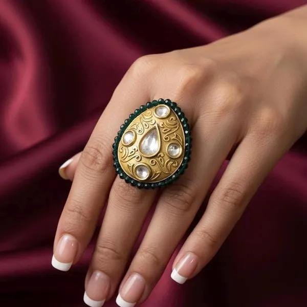 SAIMA green adjustable kundan ring , Indian ethnic high quality ring, Indian Pakistani bridal jewelry