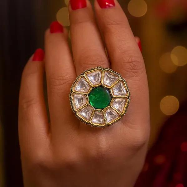 ALYA green adjustable kundan ring , Indian ethnic high quality ring, Indian Pakistani bridal jewelry