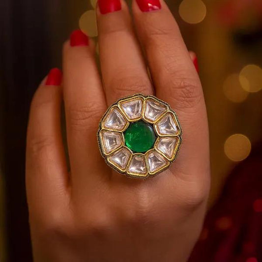 ALYA green adjustable kundan ring , Indian ethnic high quality ring, Indian Pakistani bridal jewelry