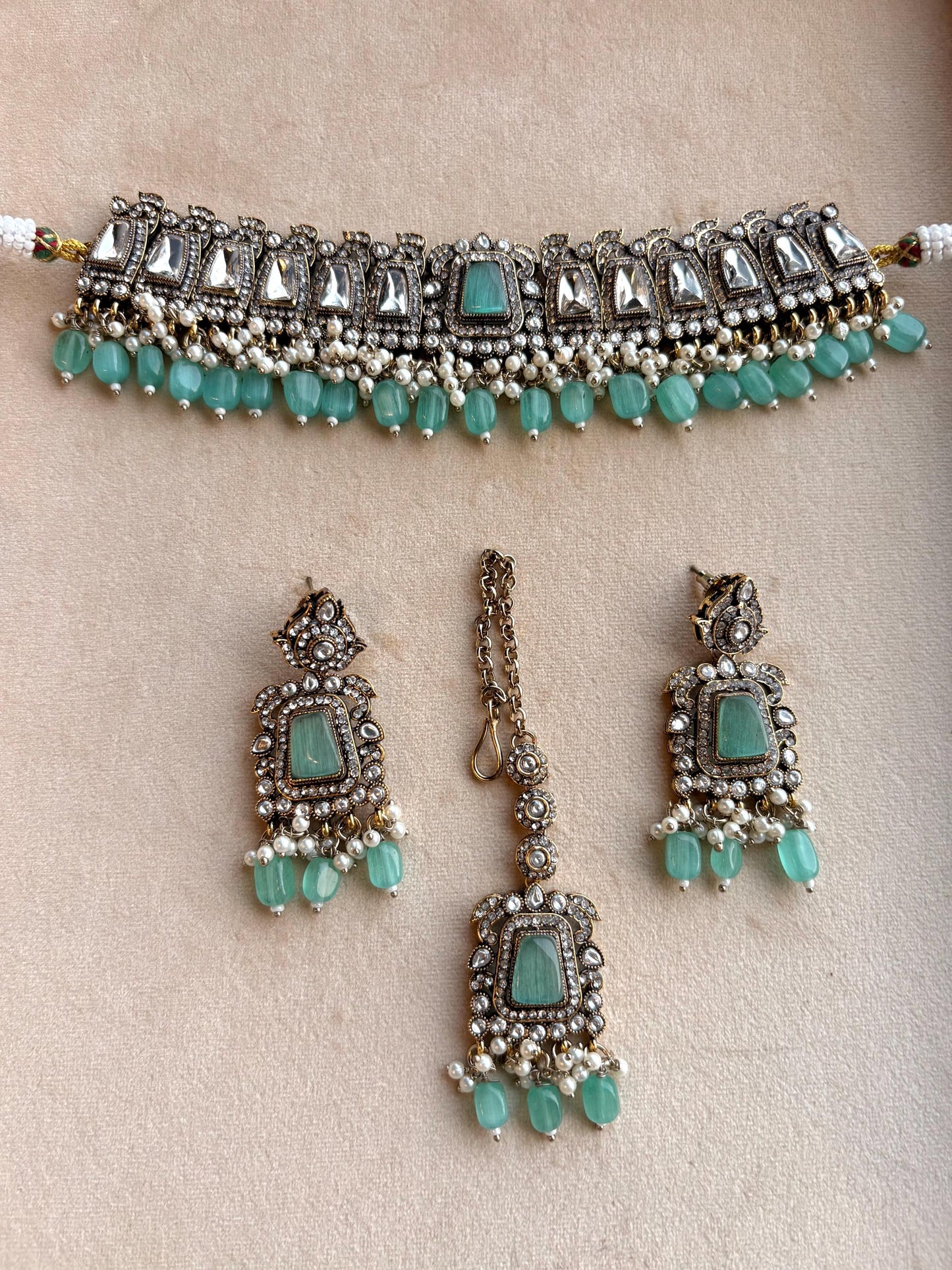 MASHA Mint kundan choker necklace earrings and maangtika,indian wedding jewelry pakistani nikaah jewelry, mint colour bridal jewelry